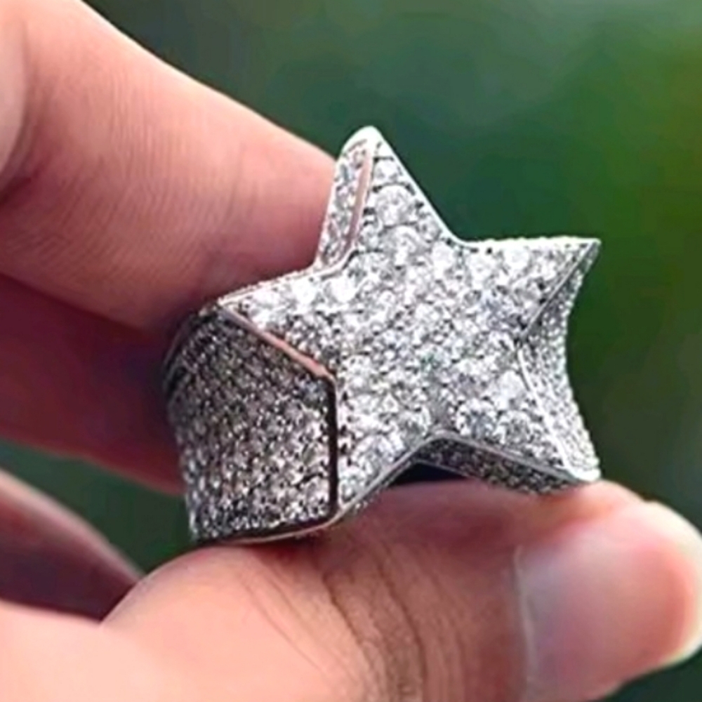 Unisex Blinged Out Silver Geometric Star Ring Sz 10
